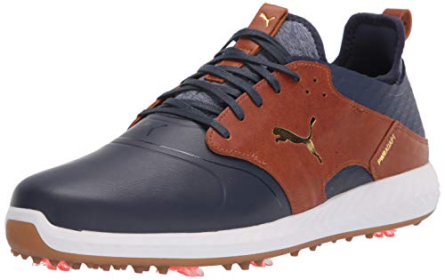 Puma Men's Ignite Pwradapt Caged Crafted Golf Shoe, Peacoat-Leather Brown-Puma Team Gold, 7