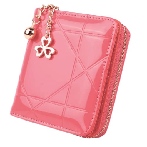 HXT-OAK Cartera de PU para Mujer Diseño de Espejo en Relieve Colgante de trébol 8 Ranuras para Tarjetas y Organizador con Cremallera para Monedas Monedero pequeña para Mujer Rosa