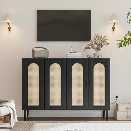 Rattan Sideboard Buffet Cabinet, Wooden Side board Accent Buffet With Power Outlet, Wood Sideboard With 4 Doors, BOHO Cabinet For Entryway, Hallway, Dining Room, Living Room, Coffee Bar (BLACK)