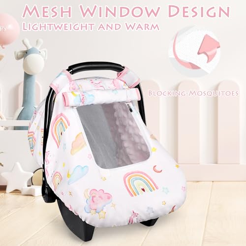 Image of Baby Carseat Cover Girls, Pea Pod Unicorn Infant Car Seat Covers Canopy for Newborn with 2 Layers Windows of Breathable Mesh /Fabric, Lightweight Polyester /Minky Dot Backing, Snug Fit