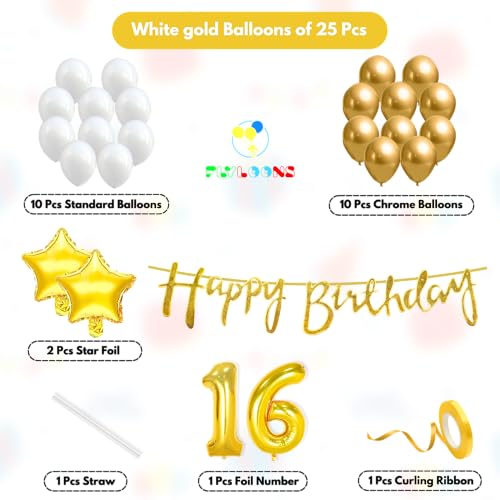 Image of Flyloons 16th Happy Birthday Decoration Kit Gold White for Boys Girls Kids Twins Men Women With 20 Pcs Chrome Balloons Birthday Banner 2 Pcs Star Items Set Golden