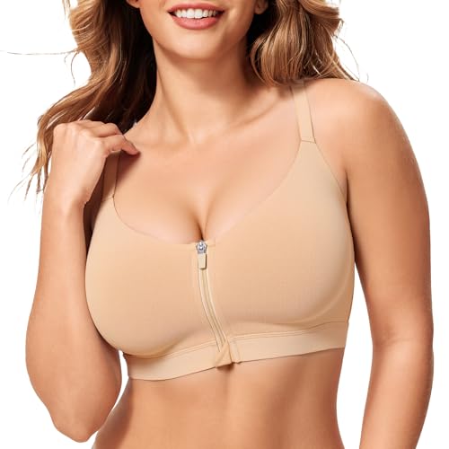 CYDREAM Womens Zip Front Closure Bra Wireless Seamless Bralettes Comfort Full Coverage Back Smoothing No Underwire (US, Alpha, Large, Regular, Regular, Beige)