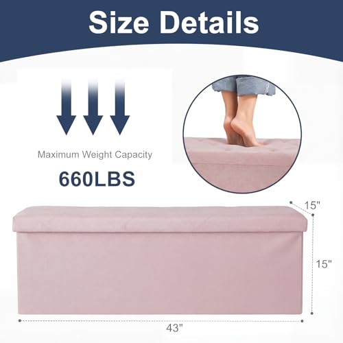 Image of DUMOS 43in Foldable Storage Ottoman Bench, Storage Chest, Large End of Bed Foot Rest Stool with Padded Seat, Bedroom Bench for Living Room, Support 660lbs, Pink