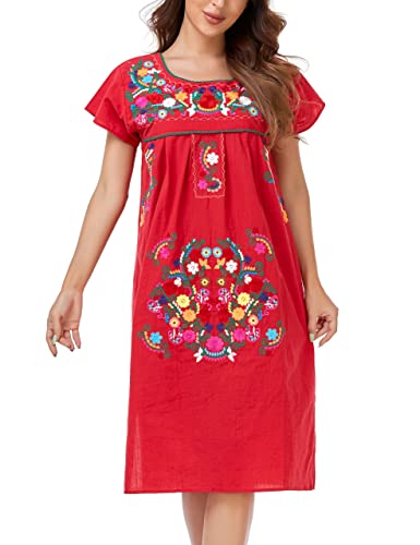 Image of YZXDORWJ Women Mexican Embroidered Long Dress Ruffle Collar Maxi Boho Floral Summer Short Sleeve