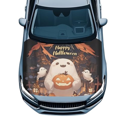 Image of Cute Ghost Car Hood Cover All Weather Protection Auto Exterior Accessories Universal Fit Hood Covers for Cars, Trucks, SUV, or Van Full Coverage Halloween Decor