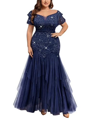 MISSMAY Women's Plus Size V-Neck Off Shoulder Sequin Lace Tulle Mermaid Evening Wedding Dress