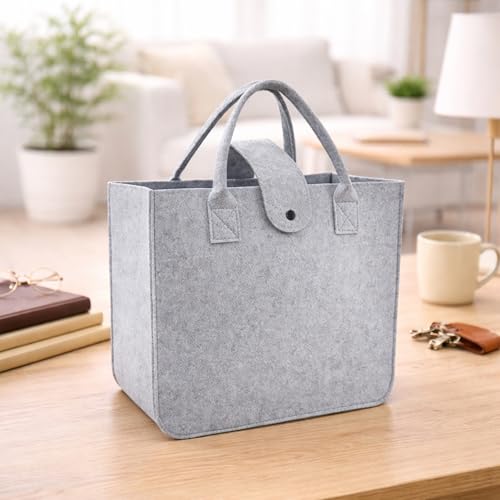 Image of Felt Fabric Reusable Shopping Bag with Handle & Button Closure for Grocery, School, Beach, Travel, Study, Gym, Gifts | Size - 30x34.5x17.8cm