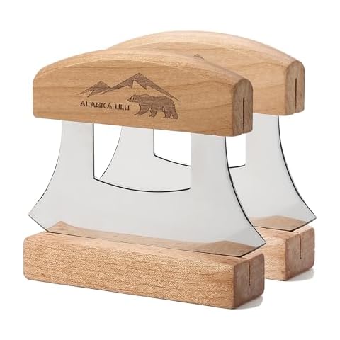 WIUCYS Alaskan Ulu Knives Pizza Cutter Chopper Slicer for Salad Vegetables Meat Chopping Mincing with Wooden Stand Arthritic Tool 5x4in (2) Cover