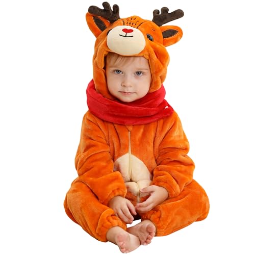 HAHASHOW Bebé Recién Nacido Ropa De Una Pieza Niño Pequeño Franela Suave Mono Con Capucha De Invierno Cosplay De Animales Halloween 12-18 Meses Alce 90