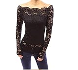 Chvity Black Lace Long Sleeve Tops, Off Shoulder Tops for Women Floral Hollow Out Sexy Blouses L