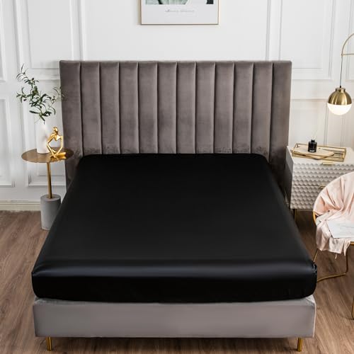 Morbuy Drap Housse 140x190, Noir Satin Draps Housses pour Matelas Épais Jusqu'à 30 cm, Luxe Drap-Housse en Microfibre Soyeux, Lisse Respirant et Doux