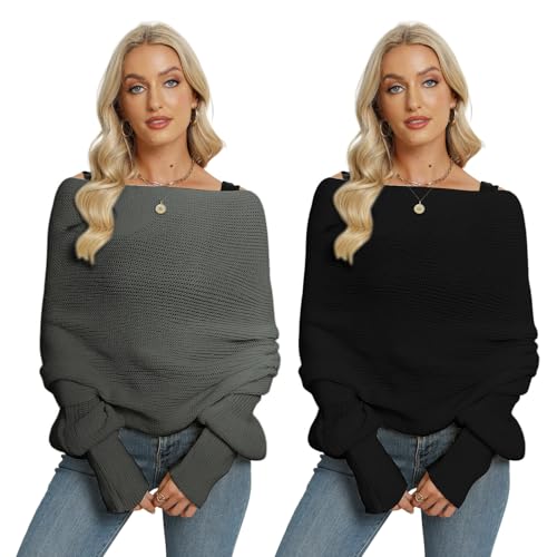 Knit Shawl Wrap for Women - Ladies Fringe Knitted Poncho Cardigan Cape - Winter Autumn Warm Scarf Shawl with Sleeves - Dark Grey + Black