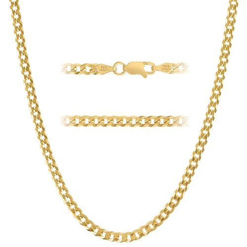 KISPER 18K Gold Over 925 Sterling Silver Italian 3.5mm Solid Diamond-Cut Cuban Link Curb Chain Necklace - for Men & Women with Lobster Clasp - Made in Italy
