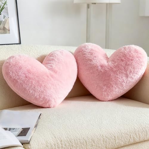 Rilcn 2 Pack Pink Heart Pillows Soft Fluffy Decorative Cushions