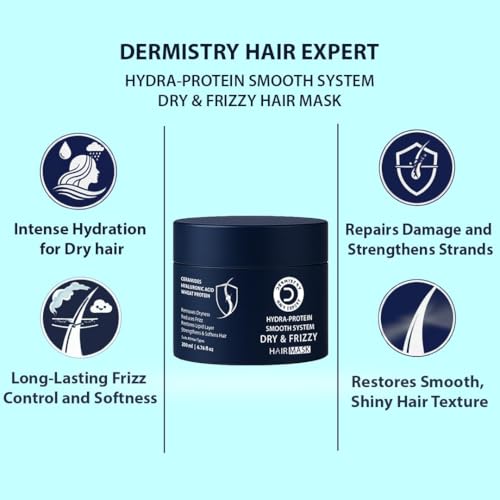 Image of Dermistry Dry Frizzy Hair Mask with Hyrdra Protein Smooth System Ceramides Hyaluronic Acid & Protein Deep Hydration & Smoothening for Damaged Chemical & Heat Treated Hair Adds Shine Men & Women 200ml