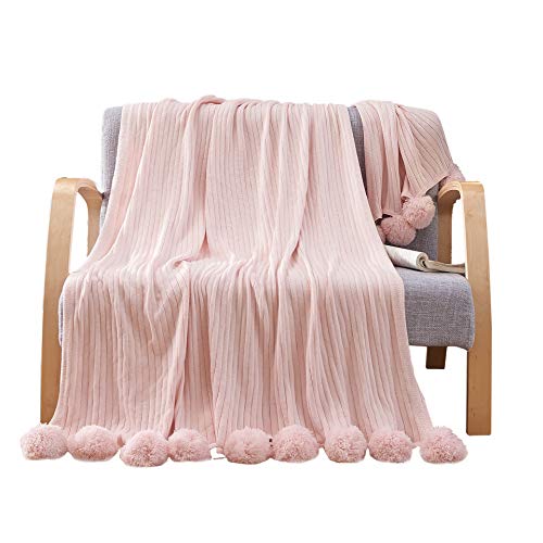 RuiJing 100% Cotton Knitted Blanket with Pompoms Fringe Solid Lightweight Reversible Throw Blanket for Chair Loveseat Sofa and Bed Super Soft Knitted Blanket(39"x59",Pink)