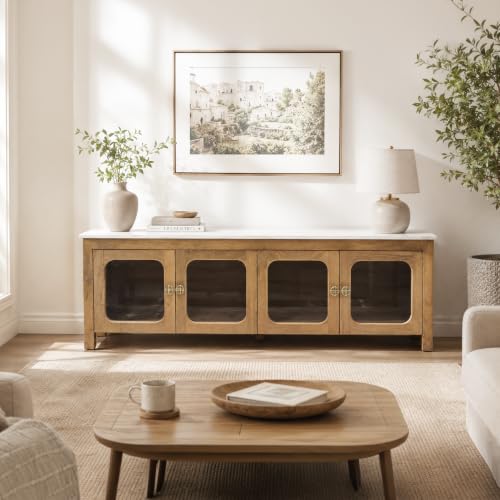 Image of The Attic Crestwood Solid Wood TV Cabinet with Glass Doors, Sideboard Storage & Display Cabinet for Living Room & Dining Room, Handcrafted Wood, Light Teak Finish