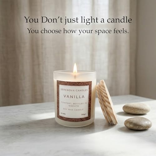 Image of SERENOVA Candles Soy Wax Scented Candle | Burn-time 40 Hours and Upto 60 Hours | 350gm | Handpoured and Handmade | Organic Soy Wax Candle | Aromatherapy Candle (Vanilla)