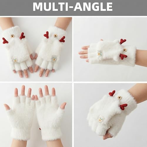 Image of Kraptick Women's Cute Reindeer Plush Convertible Fingerless Gloves - Winter Warm Fluffy Flip-Top Mittens - Korean Style Soft Hand Warmers for Girls & Ladies (Free Size, White)-3