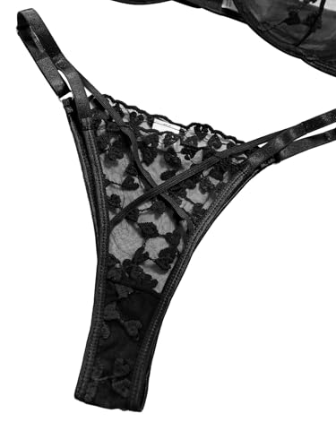 Image of Lilosy Sexy Underwire Cute Push Up Strappy Embroidered Mesh Sheer Lingerie Set See Through Panty Bra