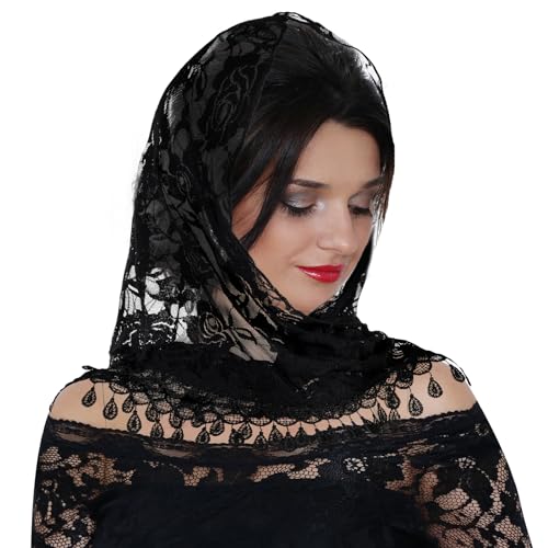 Squisito design del velo per il viso: questo velo triangolare con bellissimo motivo a rose ha nappe su 2 lati. Il design triangolare alla moda ti rende più affascinante e attraente. Quando i veli cattolici per le donne di massa arriva al lavaggio, lavare a mano con un detergente delicato
