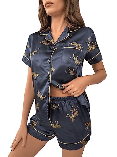 SweatyRocks Women's Short Sleeve Sleepwear Button Down Satin 2 Piece Pajama Set2