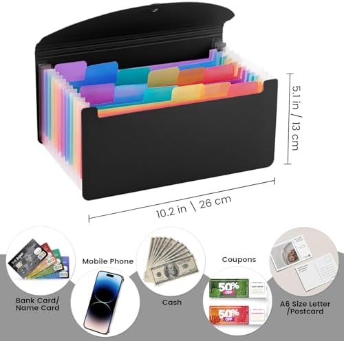 13 Pocket A6 Receipt Organizer, 2 Pack Small Accordion File Organizer, Coupon Organizer with Labels - Black - 1
