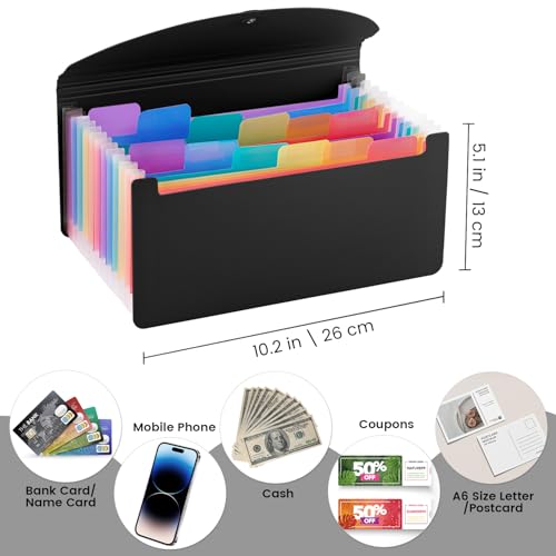 13 Pocket A6 Receipt Organizer, 2 Pack Small Accordion File Organizer, Coupon Organizer with Labels - Black