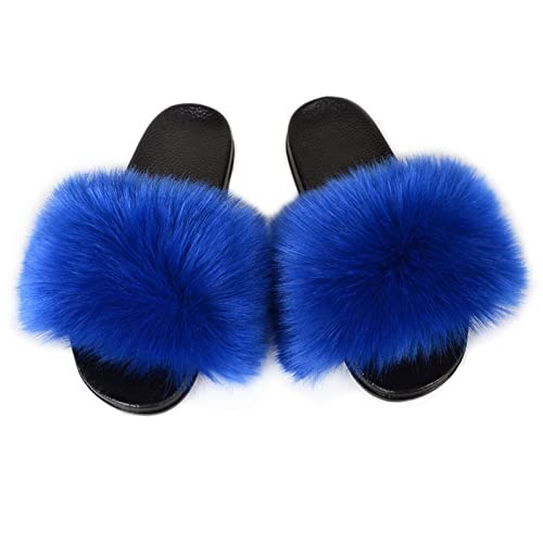 Image of MH Bailment Womens Furry Fluffy Slippers Faux Fur House Slippers Open Toe Fuzzy Slides Soft Flat Slip On Sandals for Indoor Outdoor