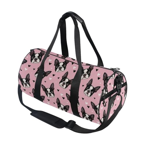 Pink Bulldog Sports Duffel Bag Large Capacity Barrel Gym Bag with Full Print Polyester Fabric, Multiple Pockets and Detachable Strap for Sports Gym and Weekend Getaways