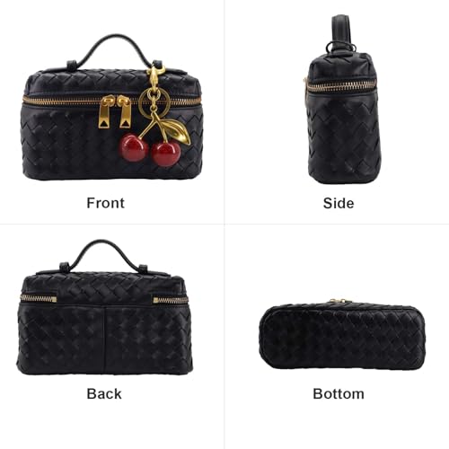 Image of Woven Crossbody Bags for Women Trendy Clutch Purse Bag Small Top Handle Leather Handbag with Cherry Charm (Black)
