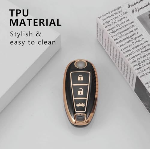Image of TPU Car Key Cover Black & Golden Compatible for Suzuki Baleno, Vitara Brezza, Ignish, Ciaz,S-Cross, Swift (Suzuki, 3 Button Push Start Key)