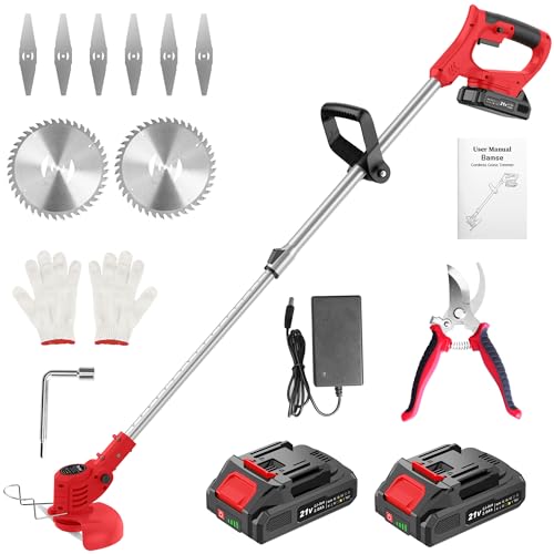 Weed Wacker 21V, Bamse Cordless String Trimmer with 2 Batteries 2.0Ah, 2 Types Metal Blades Powered Weed Eater, Pruning Shears, Adjustable Pole GrassTrimmer for Garden and Yard Lawn, Red