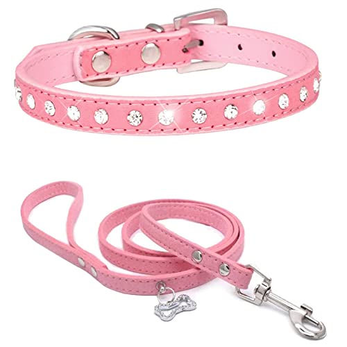 HALFSUMO Collare Cane in Morbida Pelle Scamosciata Collari per Cani con Borchie Scintillanti con Strass per Animali Domestici Cuccioli Gatti Cani Combo Set con Guinzaglio Rosa M