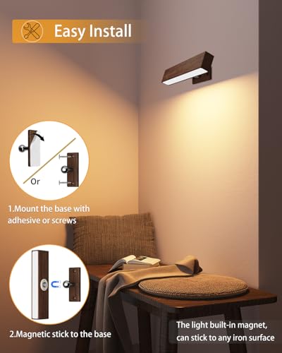 Image of Rechargeable Wood Wall Sconce (2 Pack) with Remote & Touch, 5200mAh Battery Operated Wall Lights with 3 Color Temperatures & RGB. Magnetic, Stick-On, Dimmable Wall Reading Lamp for Bedroom, Picture