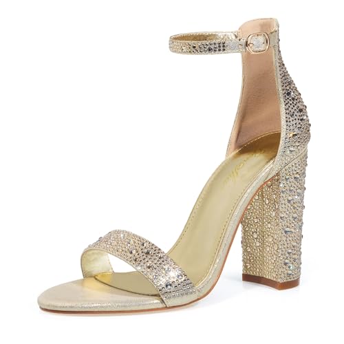 Image of GENSHUO Women's 4-inch Chunky High Heel Sandals with Ankle Strap,Party Wedding Bridal Shoes