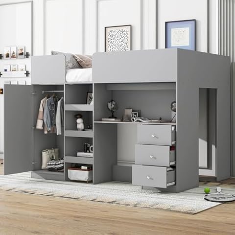 XD Designs Wood Full Size Loft Bed with Built-in Wardrobe and Desk, Multi-Function Loft Bed Frame with Storage Shelves, Drawers and Full-Length Guardrails for Kids Kids Teens Adults, Maximized Space Cover