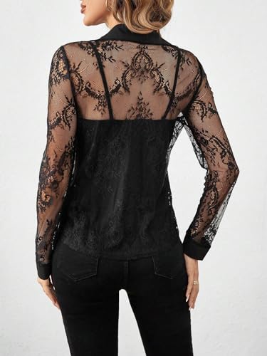 Womens Lace Long Sleeve Shirt Black Top Top Button Blouse for Women2