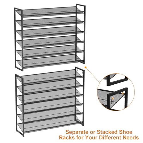 Image of Large Shoe Rack 12 Tier Shoe Organizer, Heavy Duty Metal 6-Tier Stackable Shoe Storage Vertical Shoe Rack for Closet Front Door Entrance, Up to 75 Pairs, 44.8 inch W x 11.4 inch D x 85.1 inch H, Black