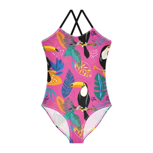 Toucan Bird Girls Swimsuits Quick Dry Crossback One Piece Beach Swimwear Bathing Suit, 9-10T Multicoloured