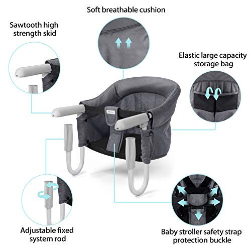 Foho Hook On Chair, Clip On Table High Load Design Fold Flat Storage Attachable High Chair With Storage Bag, Safe Fast Table Chair For Babies And Toddlers (Grey) #TOP1