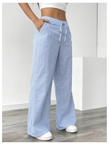 GORGLITTER Women's Striped Wide Leg Pants Drawstring Waist Lounge Pants Straight Leg Slant Pocket Trousers Blue Large4