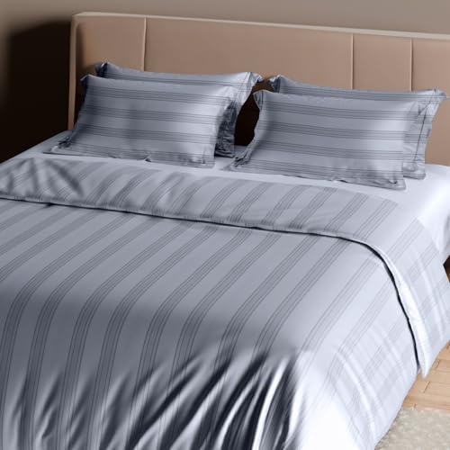 Image of Sassoon Artemis Italian Jacquard Weave Sateen Cotton Bedsheet - 400 TC, Cotton, Stripe Design, King Size (108 x 108 inches), Color: Steel Blue, Soft, Breathable, - 1 Bedsheet + 2 Pillow Covers