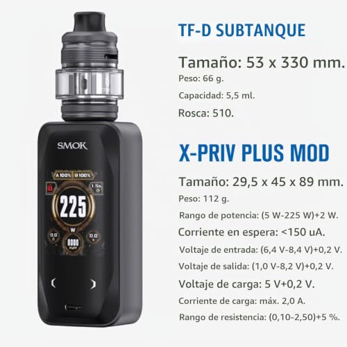 Miniatura 4 de Smok X-Priv Plus Kit Smok X-Priv Plus Mod 225w Con 5.5ml Tf-D Subtank Fit D-Coil 0.15 0.23ohm Cigarrillo Electrónico Dtl Vape Sin Nicotina Negro Black Shell