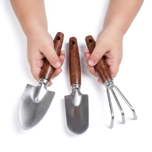 Image of Toddler Gardening Set with Small Shovel, Trowel and Rake | Stainless steel head and walnut wooden handle