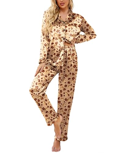 Image of Ekouaer Women's Classic Button Down Long Satin Silk Pajama Set,Medium,Teddy Head Leopard