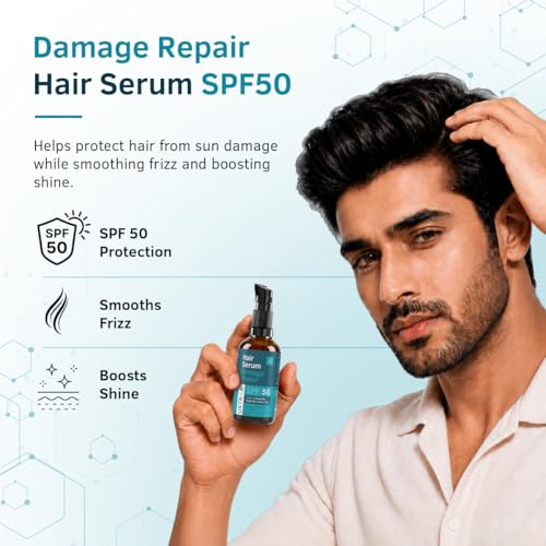 Image of Ustraa Damage Repair Hair Serum SPF 50 for Men - 30 ml | Protects Hair from Sun Damage & Frizz | With Ceramide, Argan Oil & Almond Oil | Smooth, Shiny & Healthy Looking Hair