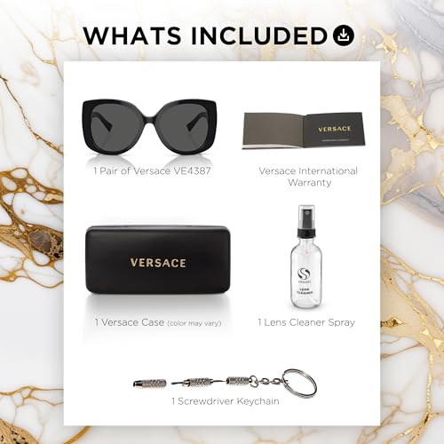 Versace VE4387 56mm Non-Polarized Rectangle Sunglasses for Women – Black Acetate Frame with Black Temples, 100% UV Protection, Lightweight & Comfortable Sunglasses, eShades Eyewear Kit Included3