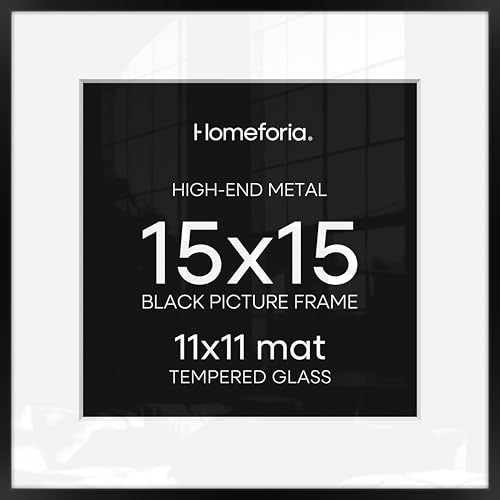 Image of Homeforia 15x15 Picture Frame Black, High End Metal 15 x 15 Square Poster Frames with Mat 11 x 11 Photo, 15x15 Black Frame Matted to 11x11 Print, 15by15 Thin Frames, Tempered Glass, Wall Kit, Set of 2