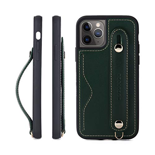 HANATORA,IPhone 11Pro グリップケース レザー 本革 ストラップ付属 イタリア製牛革 ヌメ革 片手操作 カード収納 スタンド機能 メンズ レディース グリーン CGH-11Pro-Green